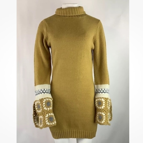 Lulus Sz S Its Groovy Crochet Arm Sweater Dress Mustard Yellow Acrylic Retro - Picture 3 of 9